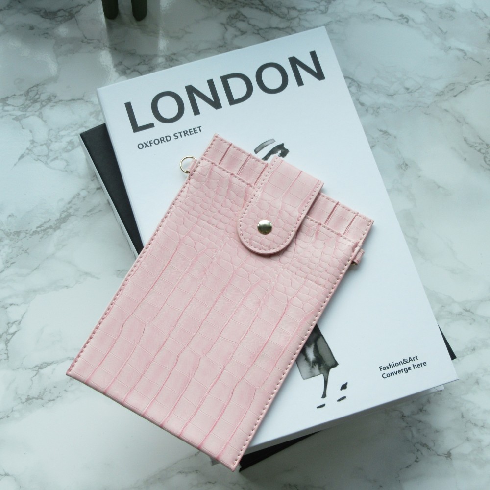 Portefeuille elégante universel pour smartphone luxueux en look cuir de crocodile avec lanière de cou - Rose