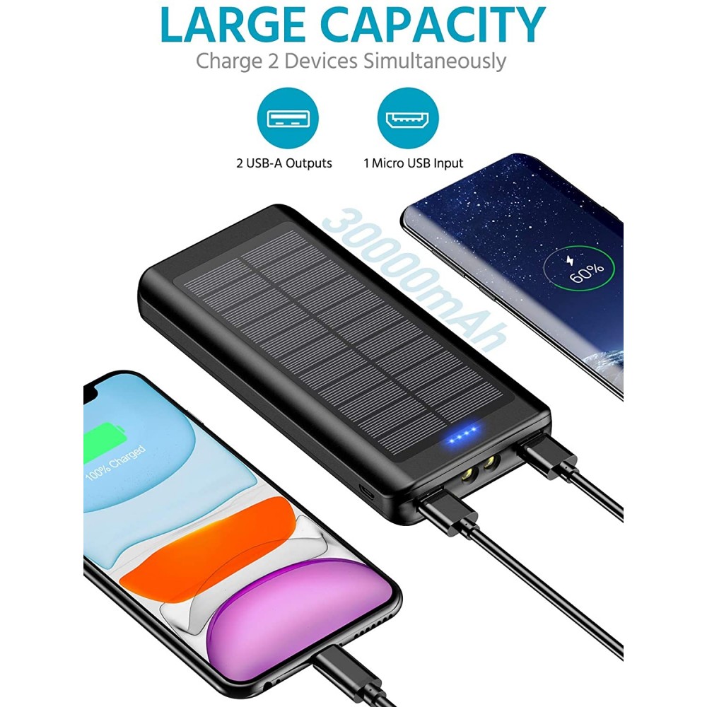 Power Bank Outdoor solaire 30000mAh double USB LED haute capacité - Noir