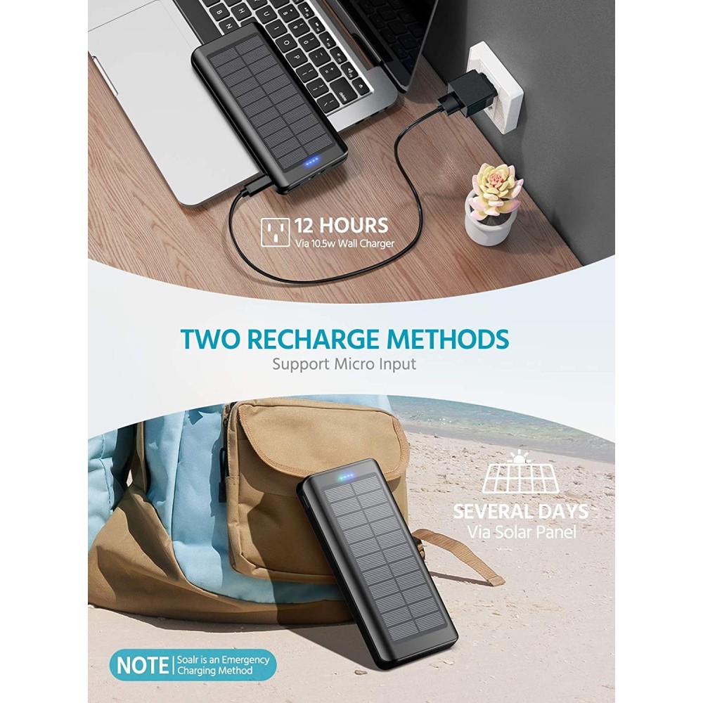 Power Bank Outdoor solaire 30000mAh double USB LED haute capacité - Noir