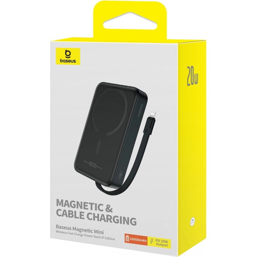 Powerbank Magnétique Baseus 10000mAh 20W avec Câble Lightning Intégré et Câble USB-C 60W - Noir