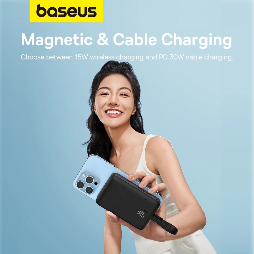 Powerbank Magnétique Baseus 10000mAh 20W avec Câble Lightning Intégré et Câble USB-C 60W - Noir