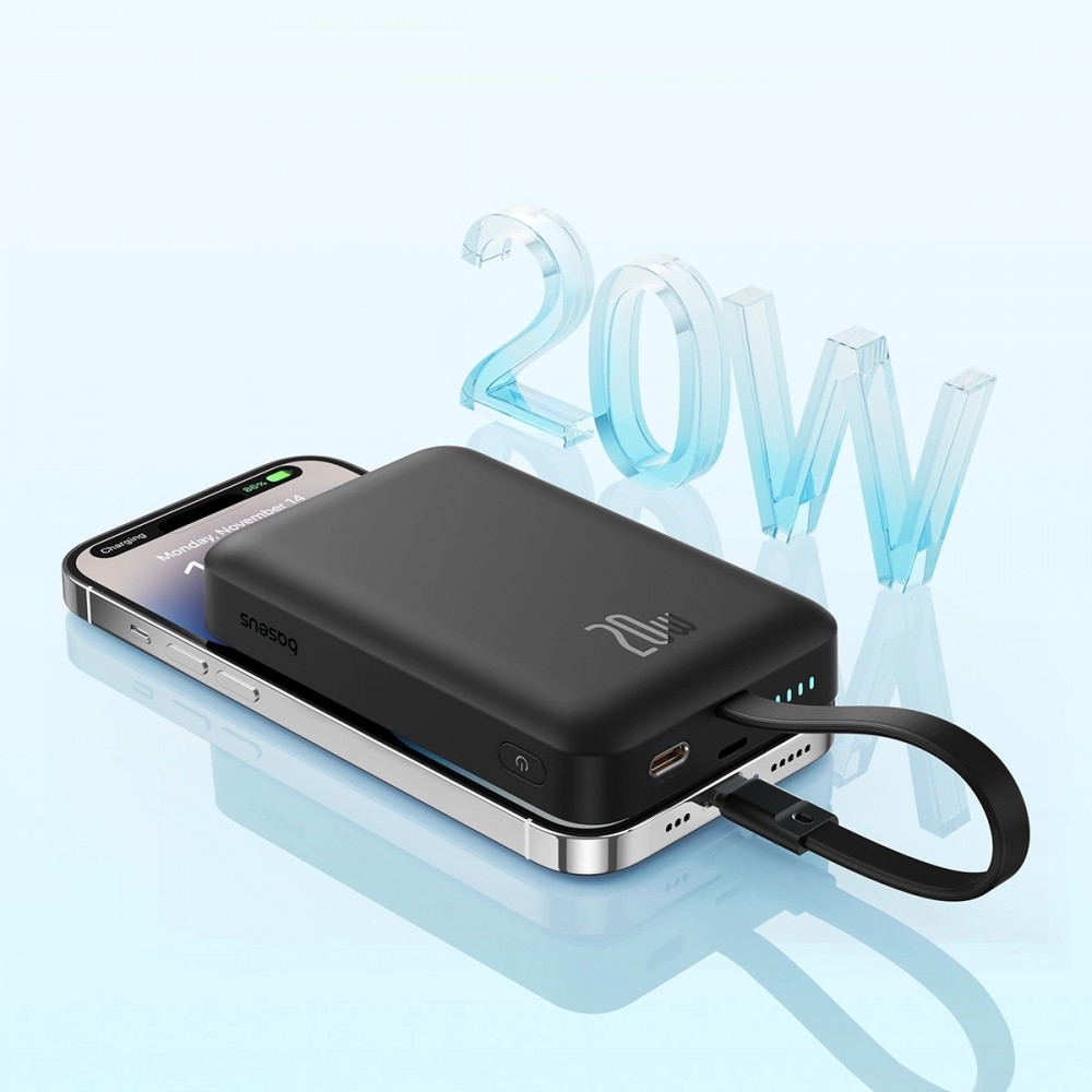Powerbank Magnétique Baseus 10000mAh 20W avec Câble Lightning Intégré et Câble USB-C 60W - Noir