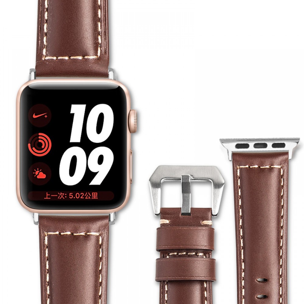 Qialino Bracelet cuir véritable brun - Apple Watch 44/45/46/49 mm