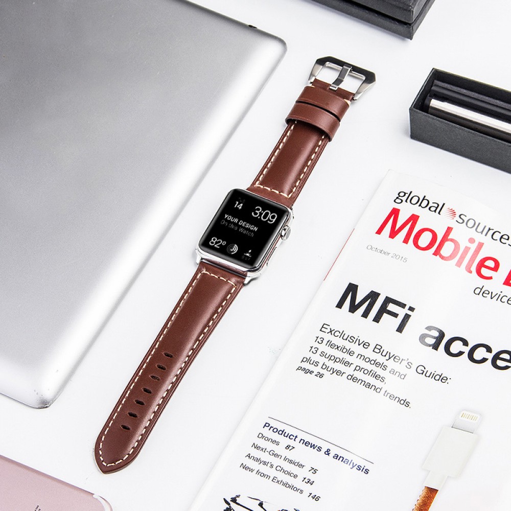 Qialino Bracelet cuir véritable brun - Apple Watch 44/45/46/49 mm