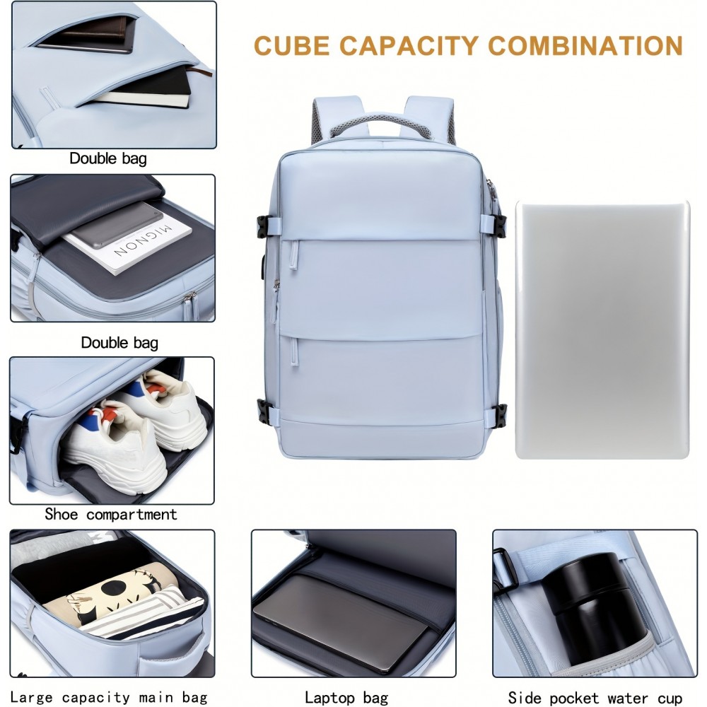 Sac à dos de voyage pour avion avec compartiment ordinateur portable et chaussures et port USB - Vert