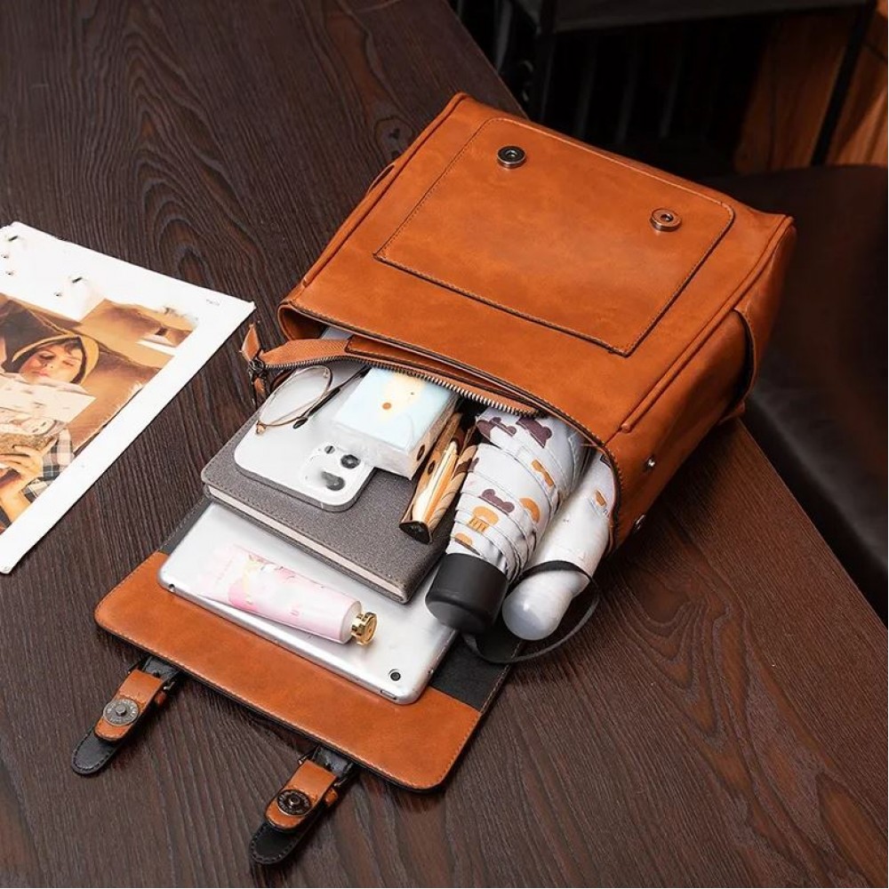 Sac à main / sac à dos fashion retro cuir vintage pour tablette, livre, caméra - Brun