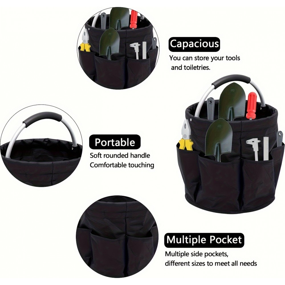 Faltbarer Multifunktions-Garten-/Haushaltstasche aus Stoff mit Taschen und Fächern für Werkzeuge - Schwarz