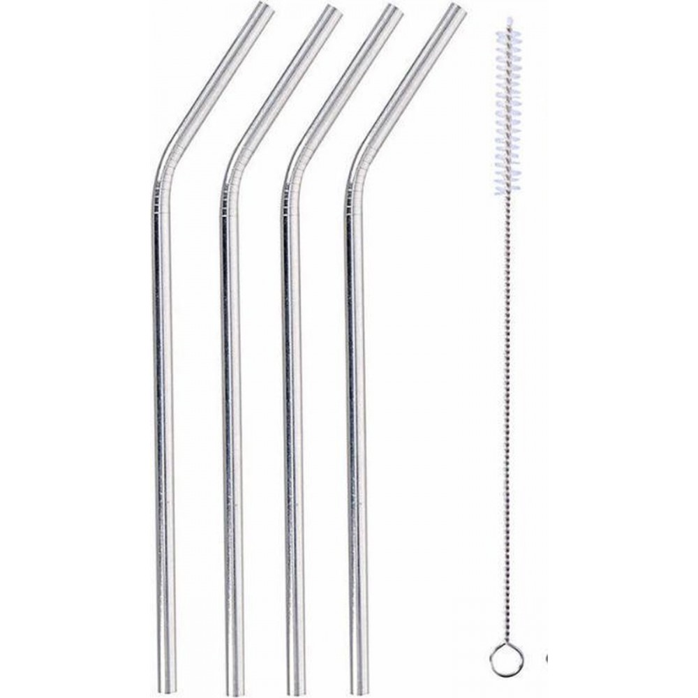 Set de pailles en acier inoxydable avec sac et brosse de nettoyage - 4 pièces, - Argent