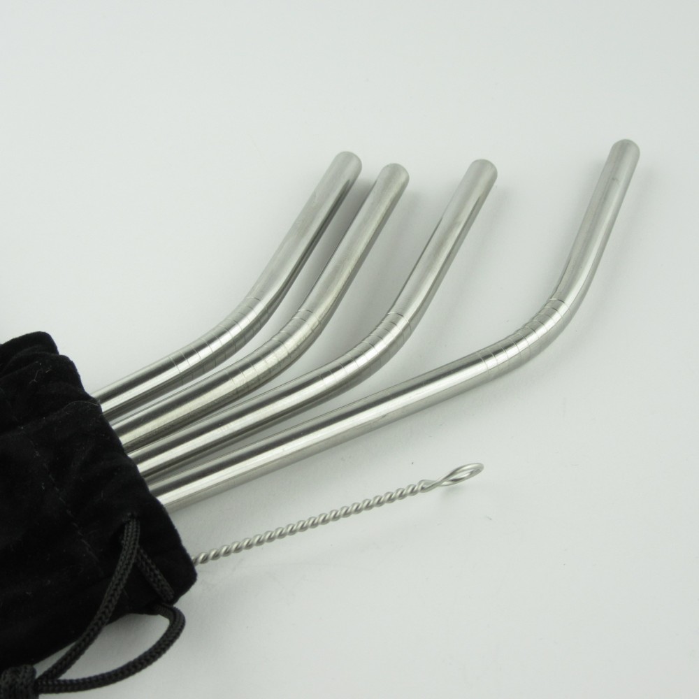 Set de pailles en acier inoxydable avec sac et brosse de nettoyage - 4 pièces, - Argent
