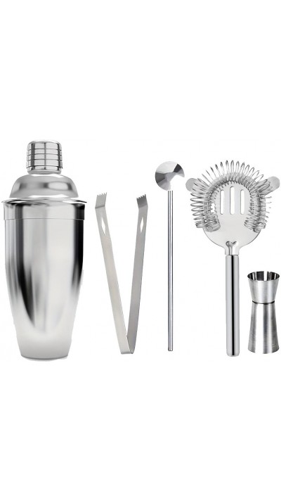 Set complet (5 pièces) de shaker à cocktail - Outils de bar en acier inoxydable pour mixologie - Argent