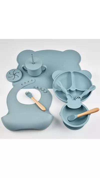 Set de repas en silicone pour b&eacute;b&eacute; 10 pi&egrave;ces (assiette/bol/bavoir/tasse/cuill&egrave;re/fourchette) - Bleu