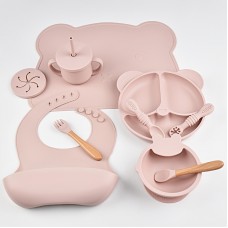 Set de repas en silicone pour b&eacute;b&eacute; 10 pi&egrave;ces (assiette/bol/bavoir/tasse/cuill&egrave;re/fourchette) - Rose