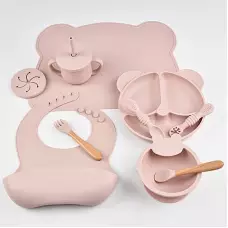 Set de repas en silicone pour b&eacute;b&eacute; 10 pi&egrave;ces (assiette/bol/bavoir/tasse/cuill&egrave;re/fourchette) - Rose
