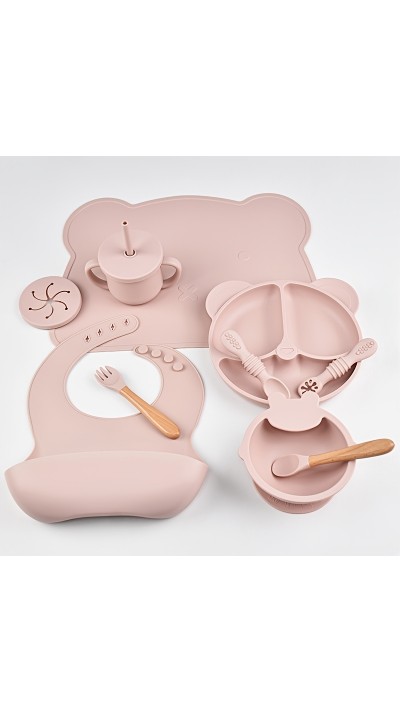 Set de repas en silicone pour bébé 10 pièces (assiette/bol/bavoir/tasse/cuillère/fourchette) - Rose