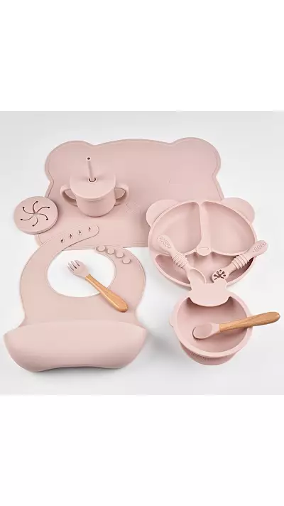 Set de repas en silicone pour b&eacute;b&eacute; 10 pi&egrave;ces (assiette/bol/bavoir/tasse/cuill&egrave;re/fourchette) - Rose
