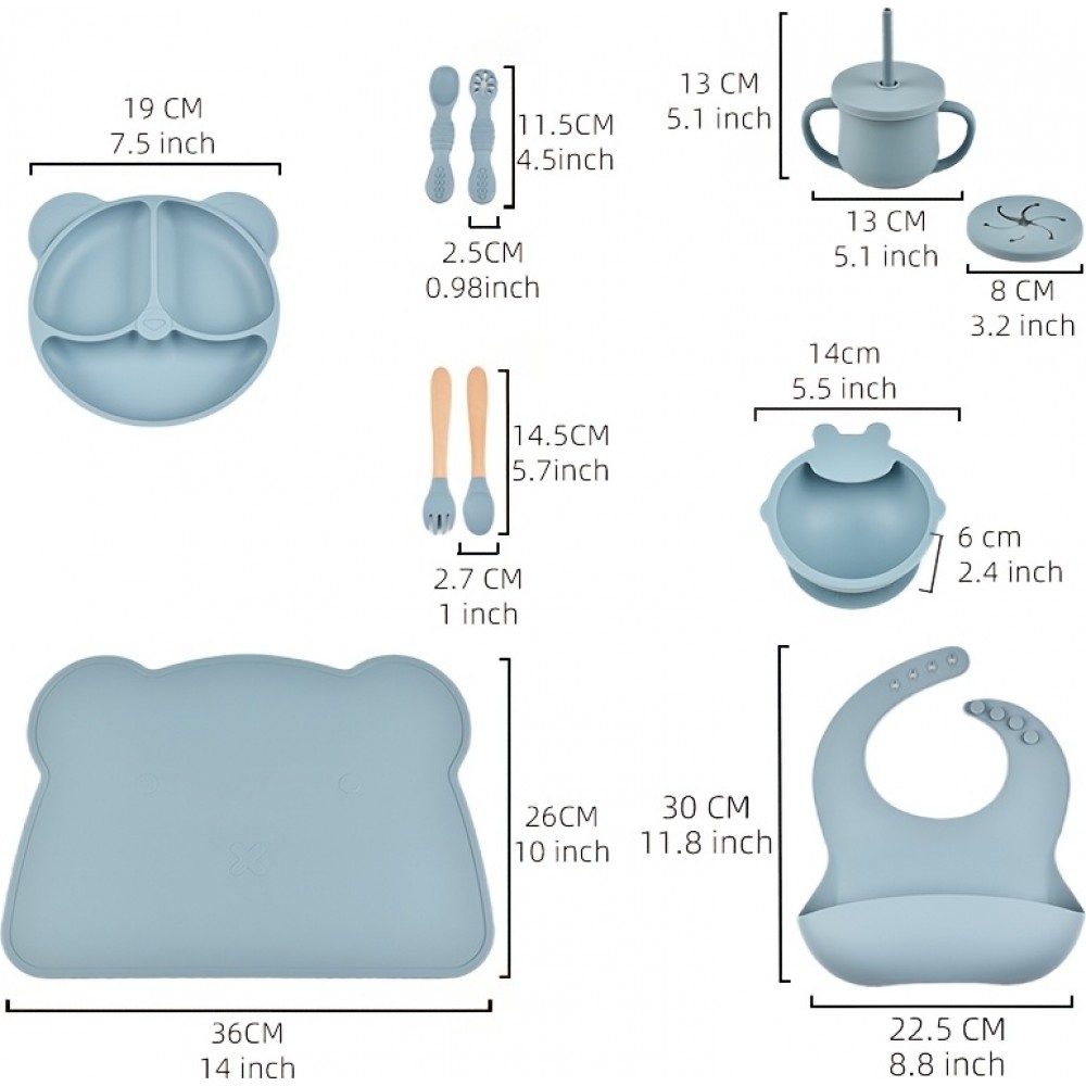 Set de repas en silicone pour b&eacute;b&eacute; 10 pi&egrave;ces (assiette/bol/bavoir/tasse/cuill&egrave;re/fourchette) - Rose