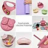 Set de repas en silicone pour b&eacute;b&eacute; 10 pi&egrave;ces (assiette/bol/bavoir/tasse/cuill&egrave;re/fourchette) - Rose