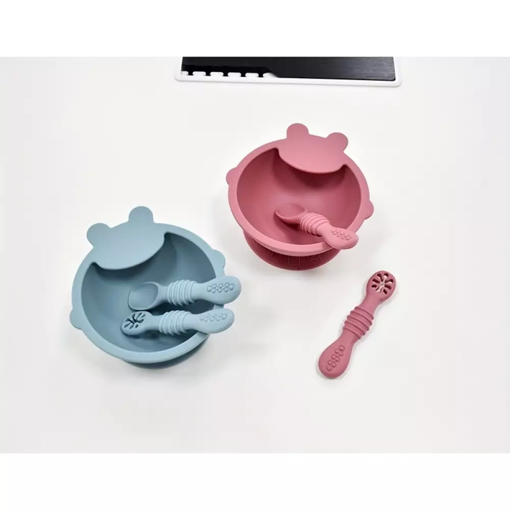 Set de repas en silicone pour b&eacute;b&eacute; 10 pi&egrave;ces (assiette/bol/bavoir/tasse/cuill&egrave;re/fourchette) - Rose