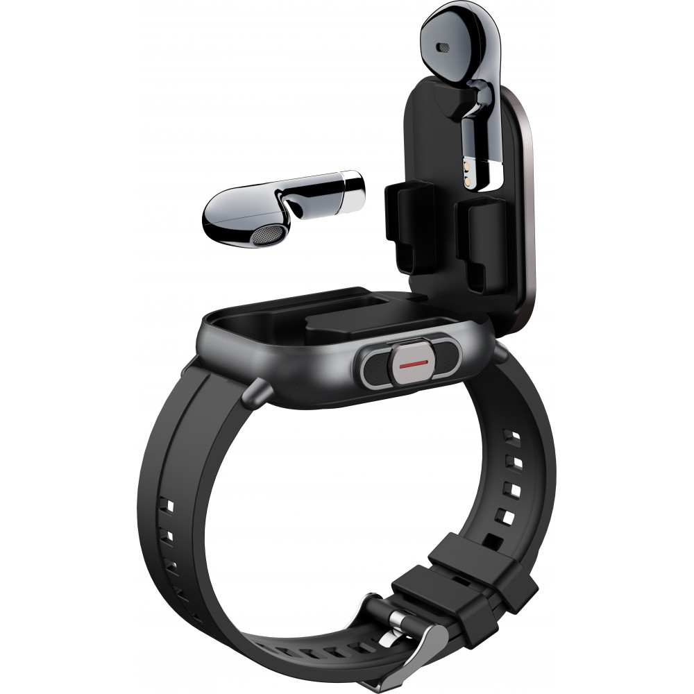 Smartwatch 2 en 1 avec écouteurs sans fil TWS Bluetooth intégrés - Bracelet silicone noir