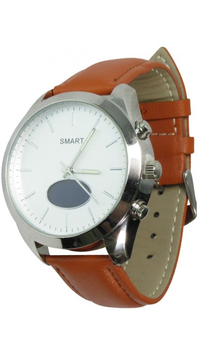 Smartwatch T4 hybride montre connectée Quartz waterproof rythme cardiaque bracelet cuir véritable - Brun