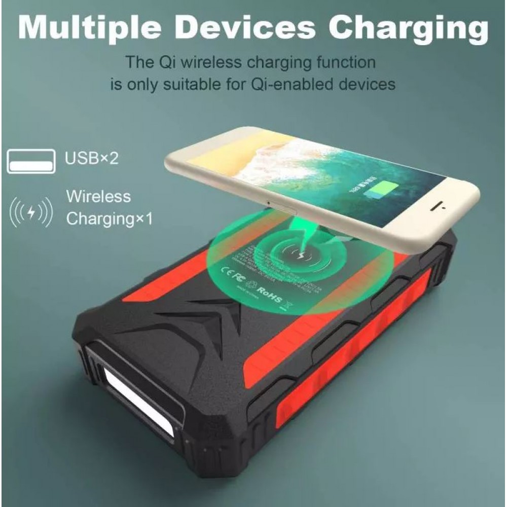 Solar Power Bank outdoor 36000mAh batterie externe avec Qi Wireless Charging - Noir