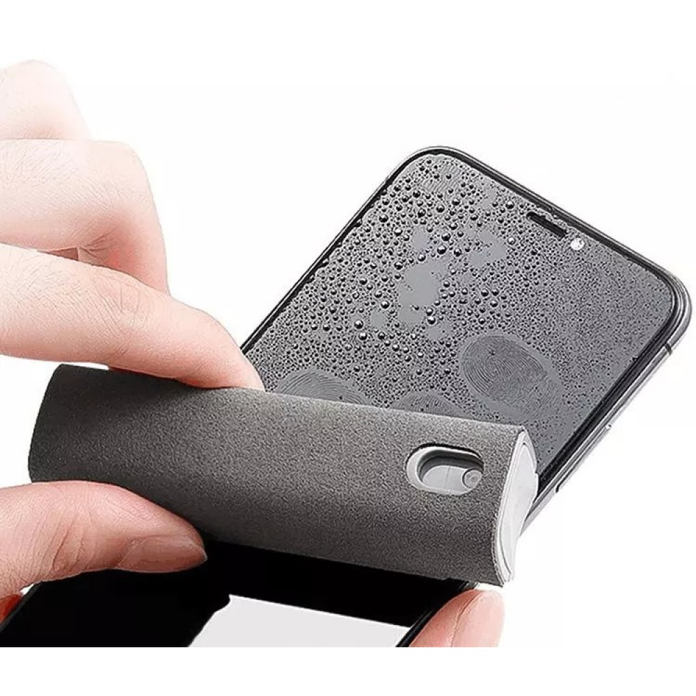 Spray nettoyeur 2 en 1 pour écrans de smartphone avec microfibre intégrée - Gris