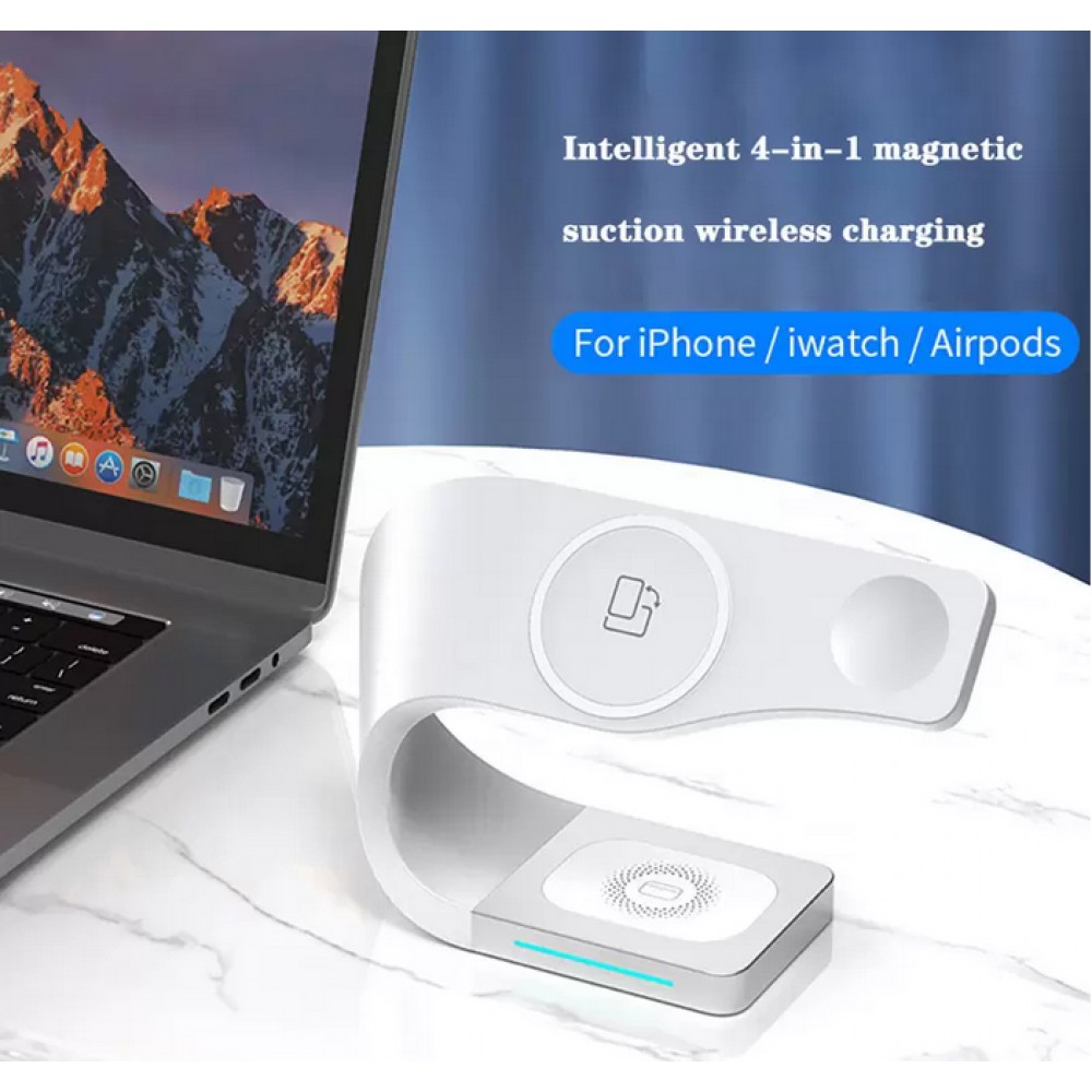 Station de charge 15W sans fil 4 en 1 magnétique pour iPhone - Apple Watch, AirPods - Blanc