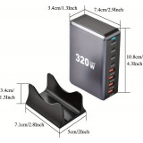 Station de charge rapide 320W Hub GaN III USB-C 8 ports pour ordinateurs/tablettes/téléphone avec prise CH/EU - Gris