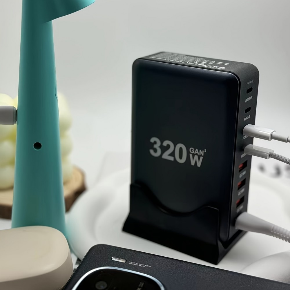 Station de charge rapide 320W Hub GaN III USB-C 8 ports pour ordinateurs/tablettes/téléphone avec prise CH/EU - Gris