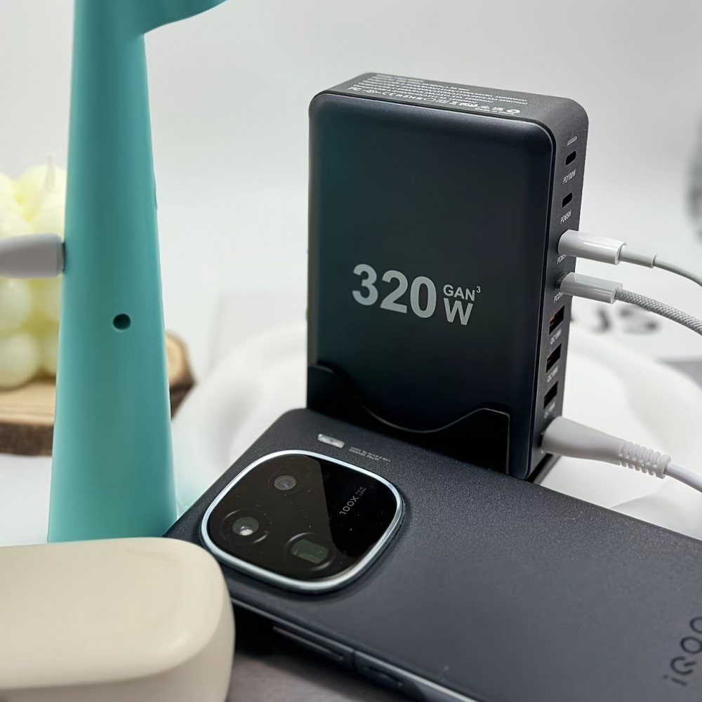 Station de charge rapide 320W Hub GaN III USB-C 8 ports pour ordinateurs/tablettes/téléphone avec prise CH/EU - Gris