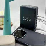 Station de charge rapide 320W Hub GaN III USB-C 8 ports pour ordinateurs/tablettes/téléphone avec prise CH/EU - Gris