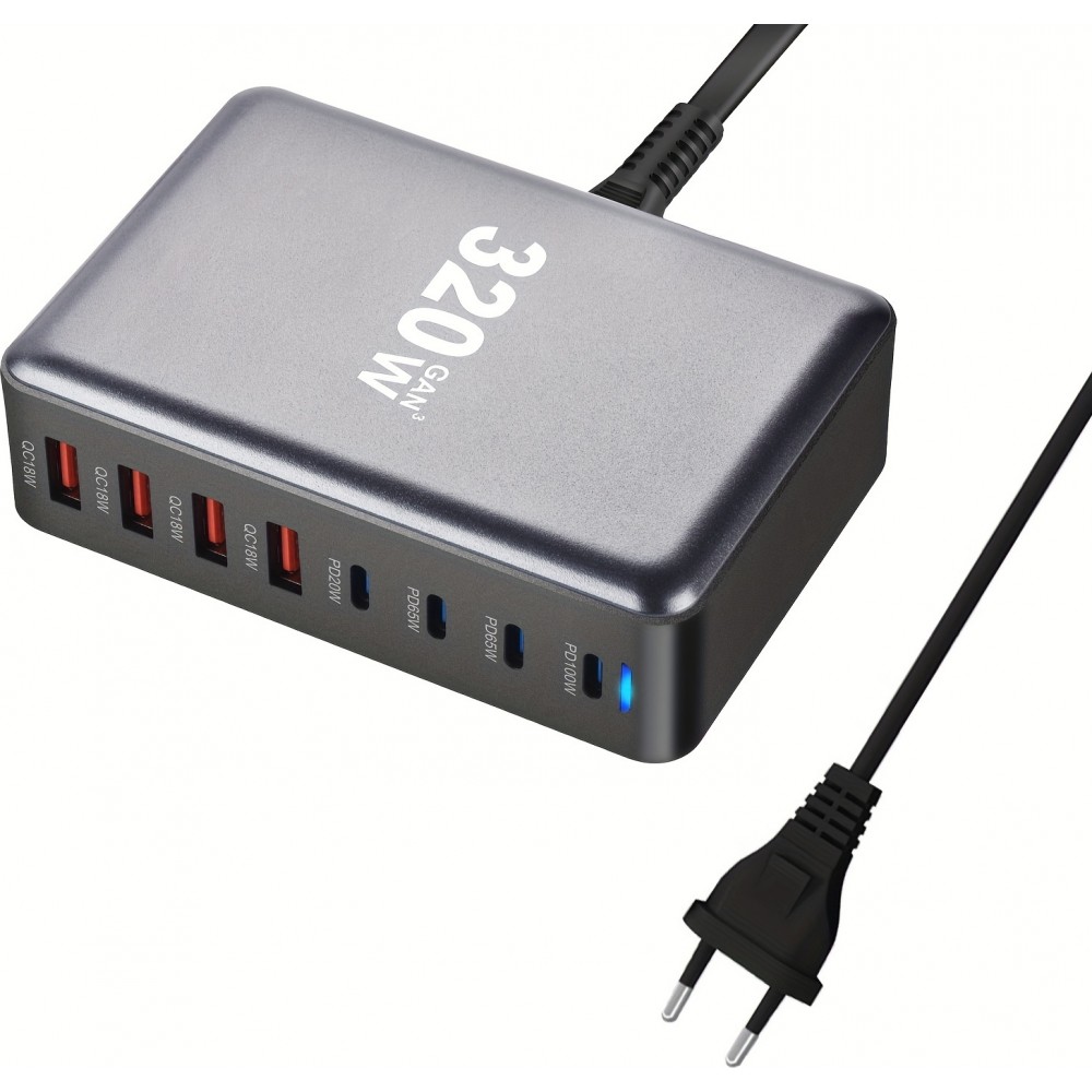 Station de charge rapide 320W Hub GaN III USB-C 8 ports pour ordinateurs/tablettes/téléphone avec prise CH/EU - Gris
