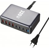 Station de charge rapide 320W Hub GaN III USB-C 8 ports pour ordinateurs/tablettes/téléphone avec prise CH/EU - Gris