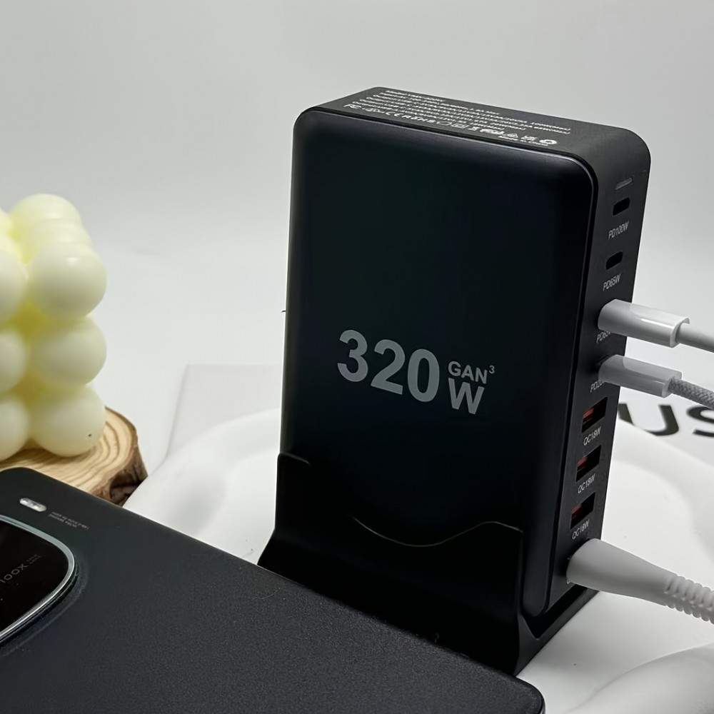 Station de charge rapide 320W Hub GaN III USB-C 8 ports pour ordinateurs/tablettes/téléphone avec prise CH/EU - Gris