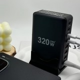 Station de charge rapide 320W Hub GaN III USB-C 8 ports pour ordinateurs/tablettes/téléphone avec prise CH/EU - Gris