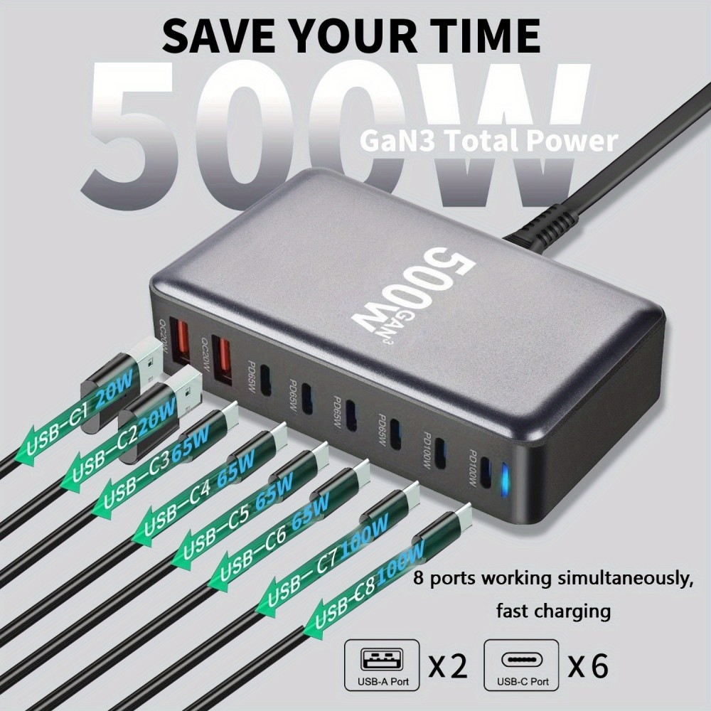 Station de charge rapide 500W 8 ports USB PD Quick Charge 3.0 USB-C avec câble inclus prise CH/EU indicateur LED - Gris
