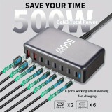Station de charge rapide 500W 8 ports USB PD Quick Charge 3.0 USB-C avec câble inclus prise CH/EU indicateur LED - Gris