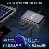 Station de charge rapide 500W 8 ports USB PD Quick Charge 3.0 USB-C avec câble inclus prise CH/EU indicateur LED - Gris