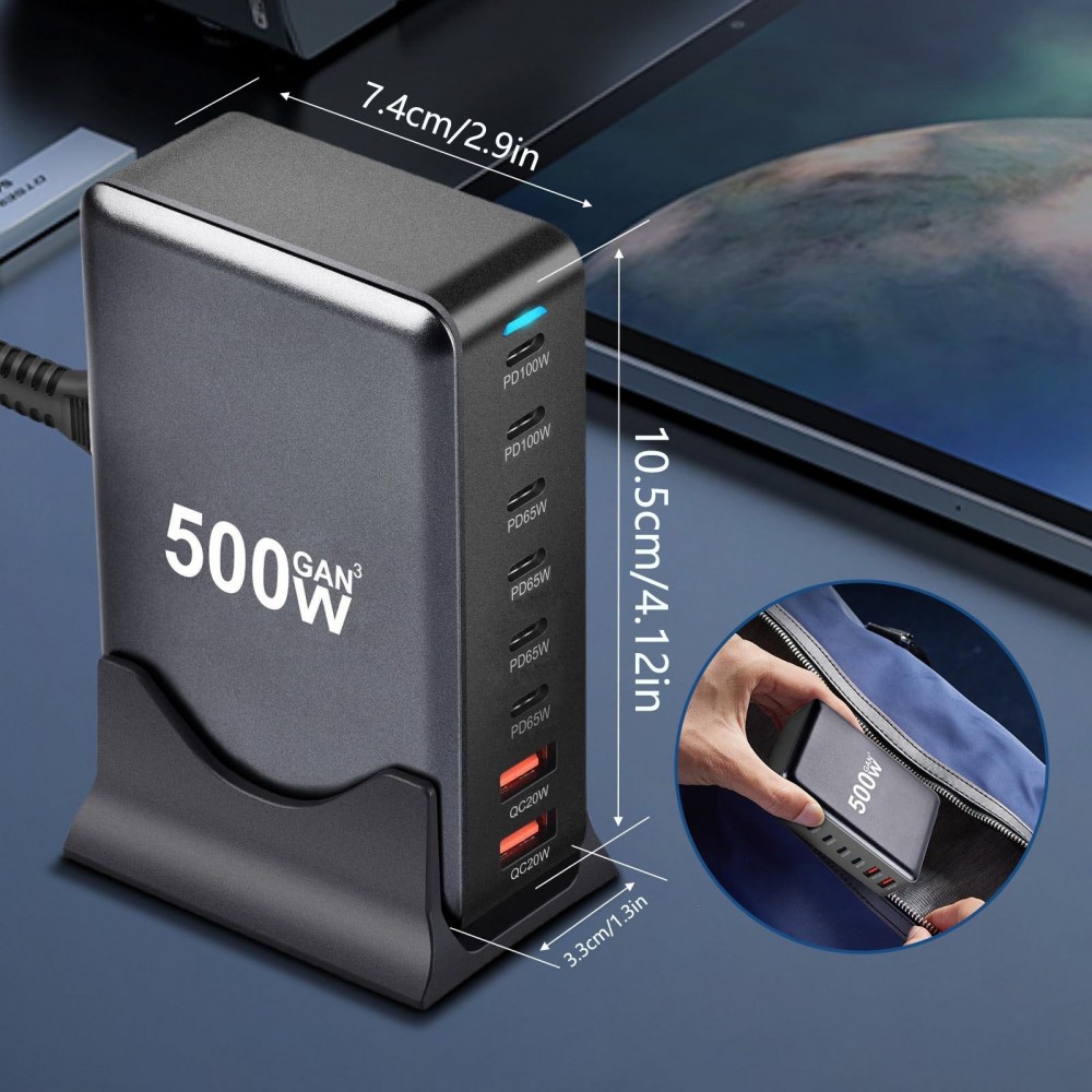 Station de charge rapide 500W 8 ports USB PD Quick Charge 3.0 USB-C avec câble inclus prise CH/EU indicateur LED - Gris