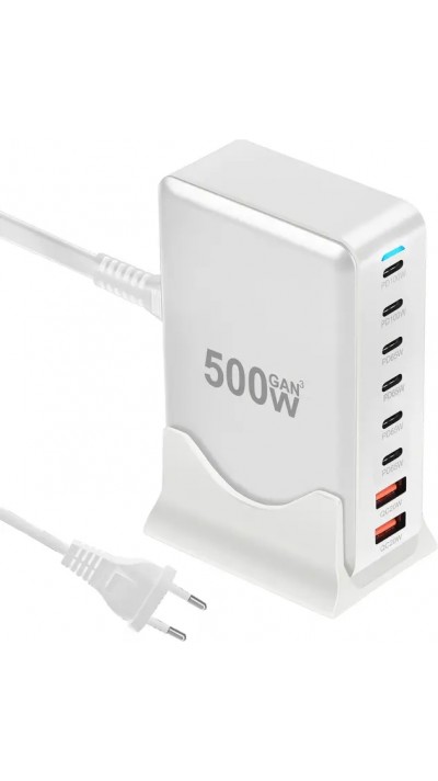 Station de charge rapide 500W 8 ports USB PD Quick Charge 3.0 USB-C avec câble inclus prise CH/EU indicateur LED - Gris