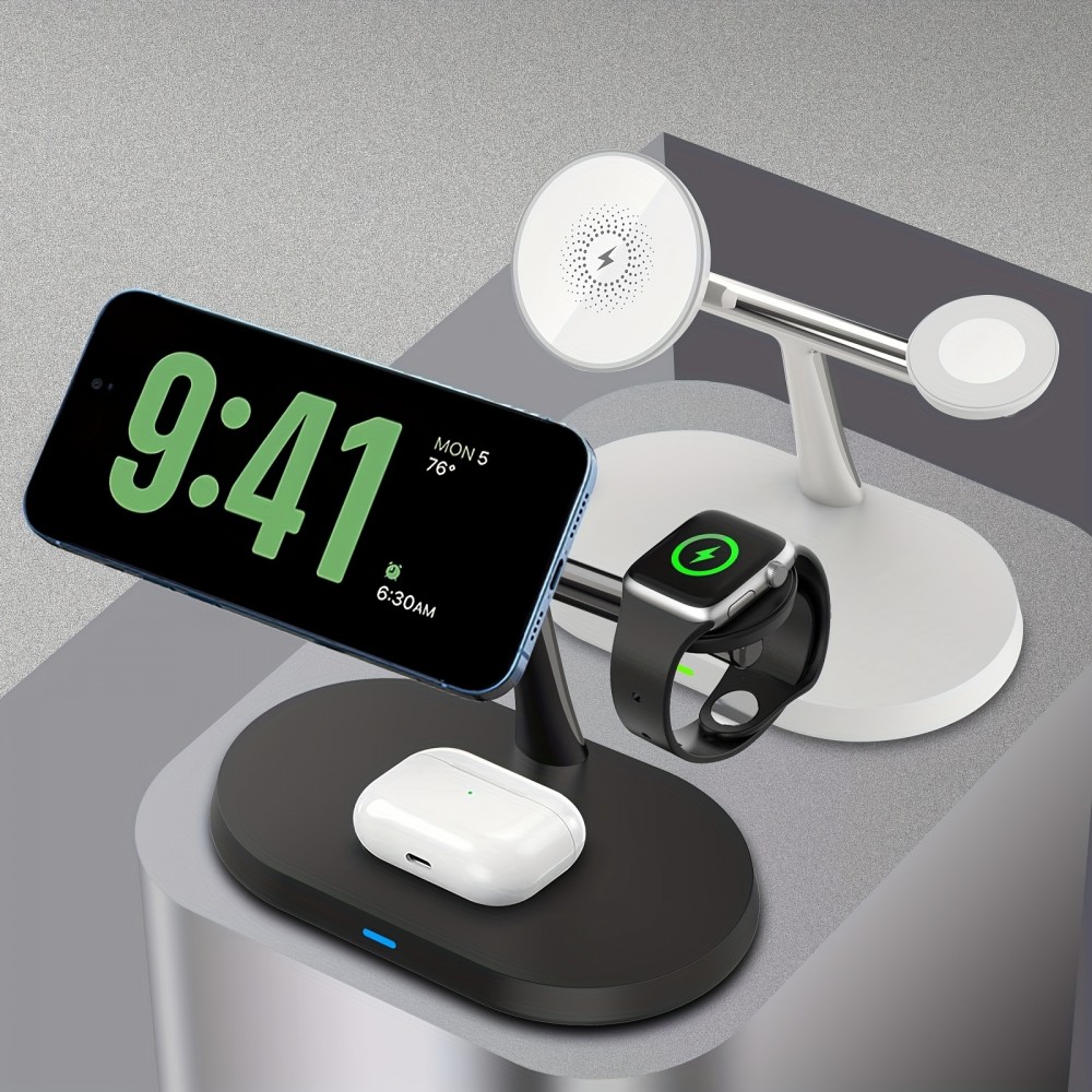 Station de charge sans fil magnétique 3-en-1 à socle ovale pour iPhone (MagSafe) et Apple Watch - Noir