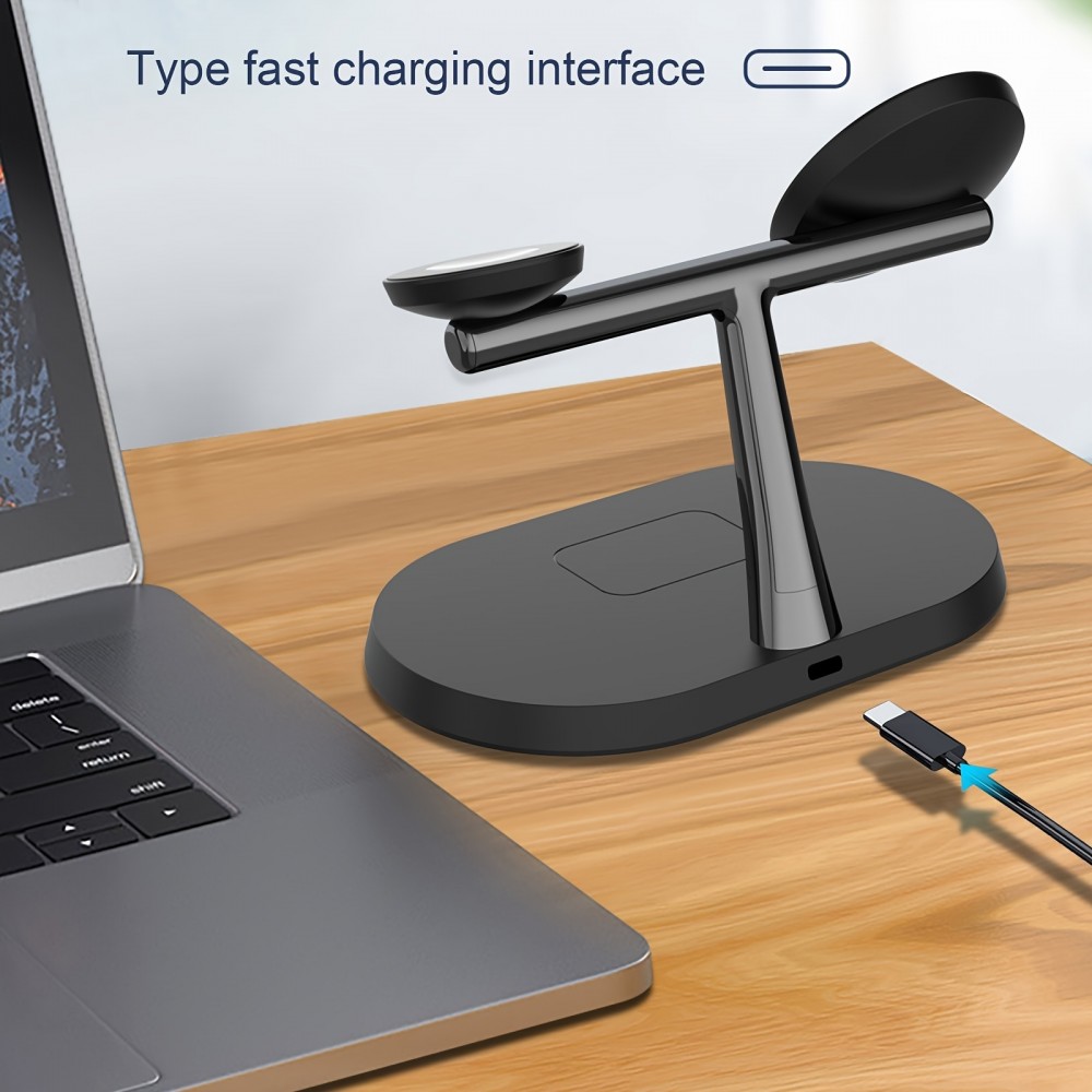 Station de charge sans fil magnétique 3-en-1 à socle ovale pour iPhone (MagSafe) et Apple Watch - Noir