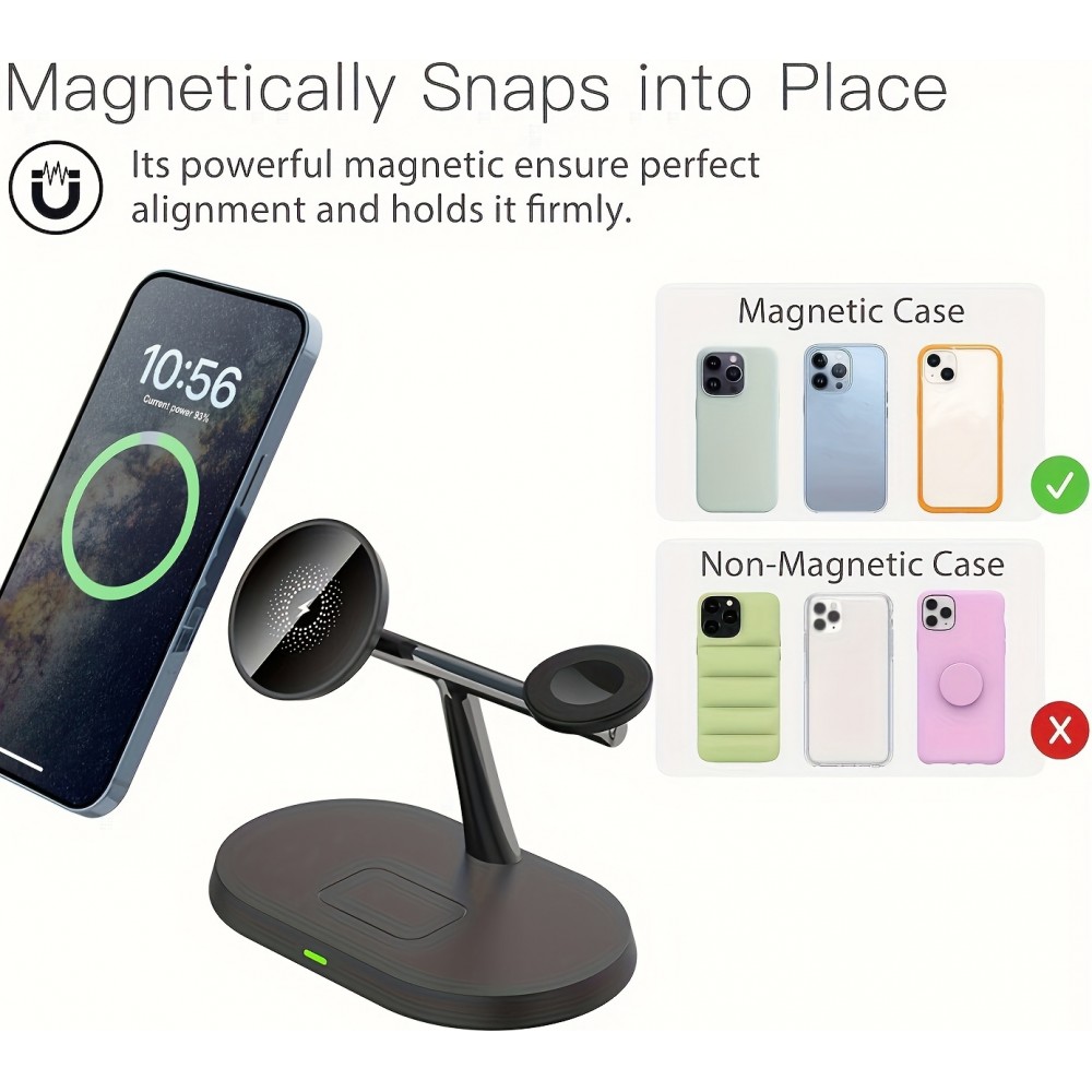 Station de charge sans fil magnétique 3-en-1 à socle ovale pour iPhone (MagSafe) et Apple Watch - Noir