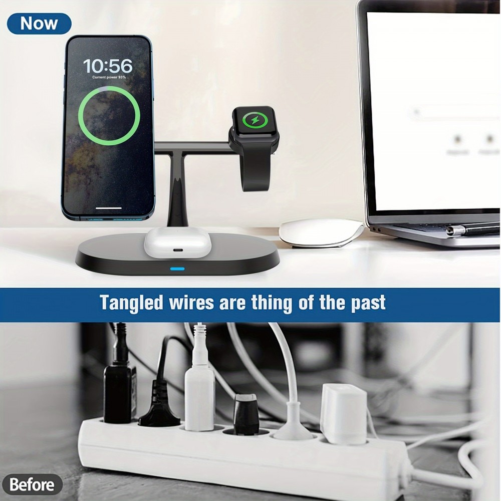 Station de charge sans fil magnétique 3-en-1 à socle ovale pour iPhone (MagSafe) et Apple Watch - Noir
