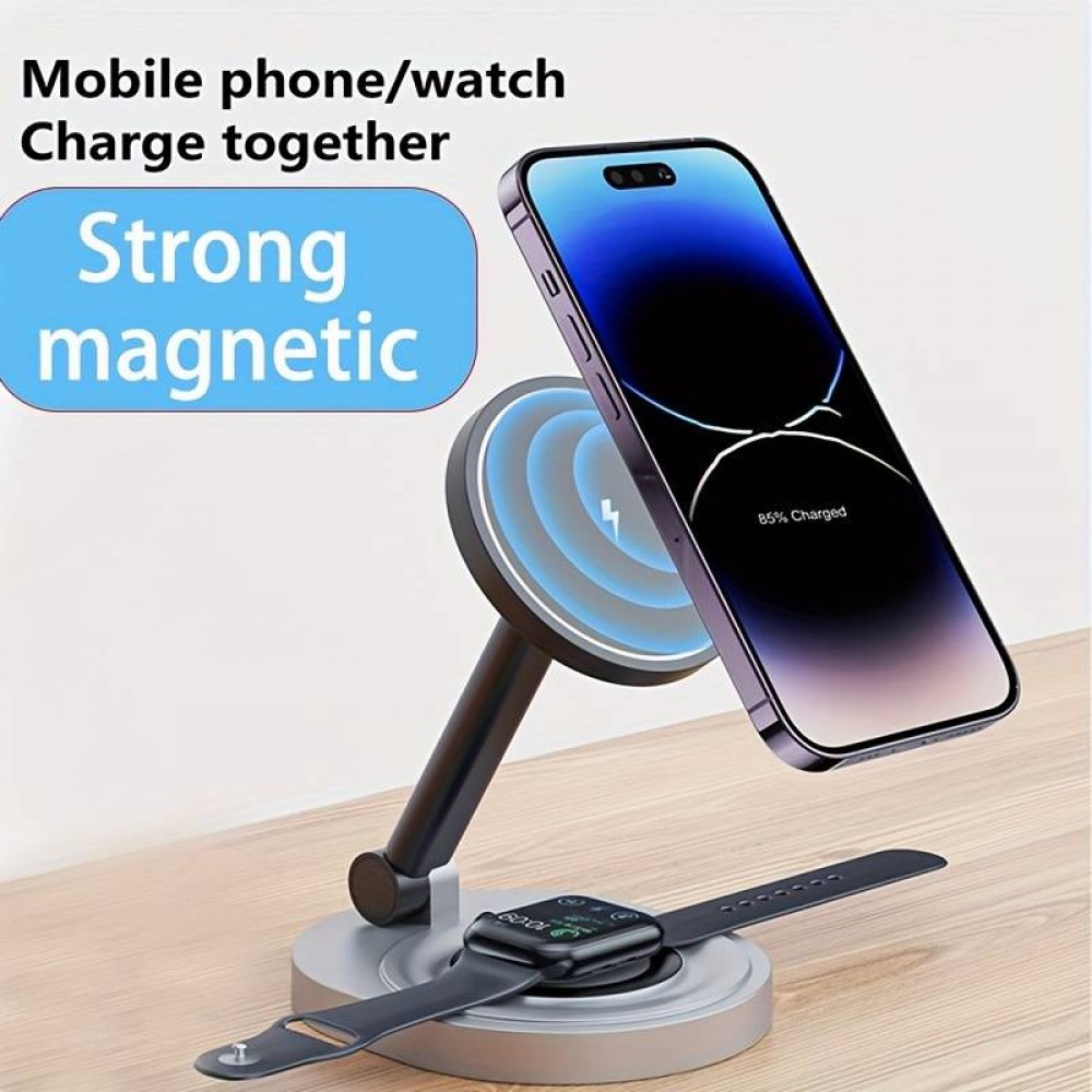 Station de recharge 15W sans fil magnétique pliable 2en1 MagSafe pour iPhone et AppleWatch - Gris