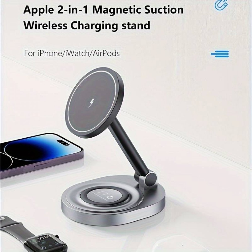 Station de recharge 15W sans fil magnétique pliable 2en1 MagSafe pour iPhone et AppleWatch - Gris