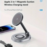 Station de recharge 15W sans fil magnétique pliable 2en1 MagSafe pour iPhone et AppleWatch - Gris