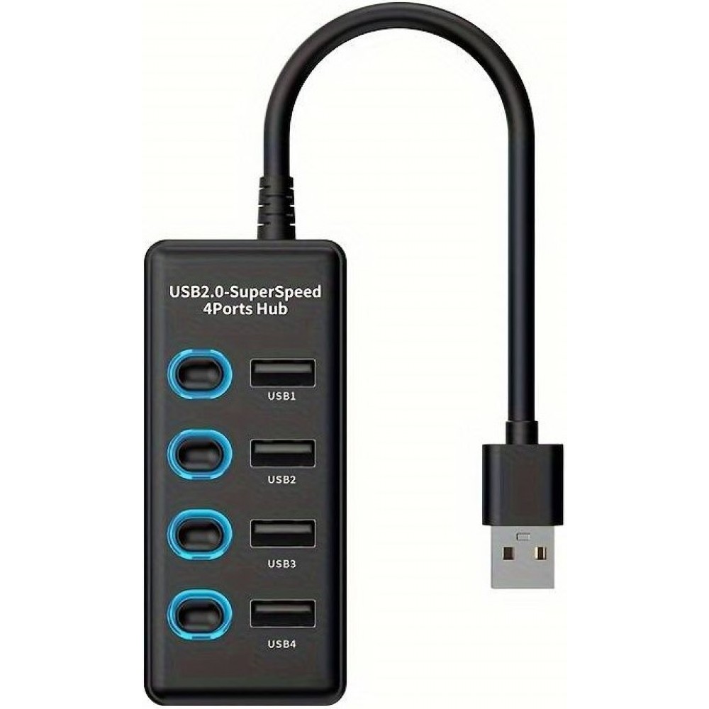 Station multi-ports 4 en 1 USB 2.0 hub avec switch on & off individuel et port USB-C - Noir