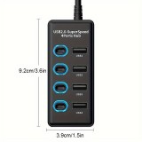 Station multi-ports 4 en 1 USB 2.0 hub avec switch on & off individuel et port USB-C - Noir