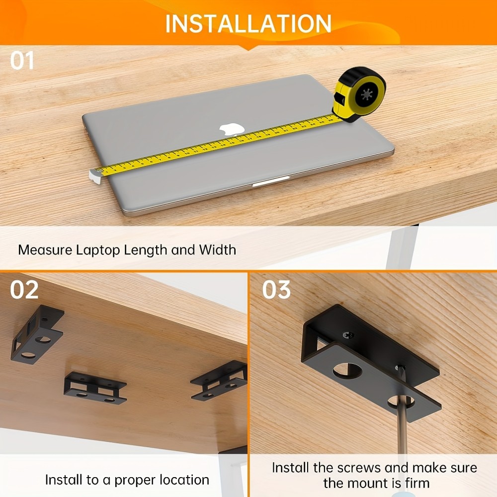 Discreter Laptop-St&auml;nder zur Untertischmontage mit Schrauben (universell, anpassbare Gr&ouml;sse) - Schwarz